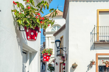 Narrow streets in the center of Estepona, typical Andalusian town in southern Spain