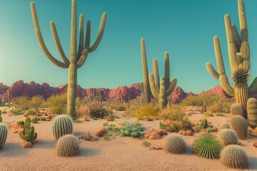 Fototapeta na wymiar An arid landscape of the hot Sahara Desert. Cacti and sand with dunes. Sunset over sand dunes in a desolate desert. 3D render
