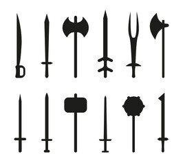 Weapon ancient black silhouette flat icon set. Sword medieval sample. War ax and mace collection. Long handle hatchet. Antique military design. Sharp blade ancient. Old simple sign
