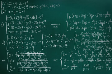 Many different math formulas written on chalkboard