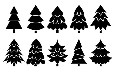 Obraz premium Christmas tree black glyph icon set. New Year traditional party decoration sign. Merry xmas silhouette symbol. Winter holiday pine forest, fir, spruise flat silhouette for stencil stamp laser cutting