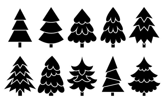 Christmas tree black glyph icon set. New Year traditional party decoration sign. Merry xmas silhouette symbol. Winter holiday pine forest, fir, spruise flat silhouette for stencil stamp laser cutting