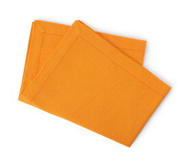 New clean orange cloth napkin isolated on white, top view