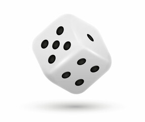 3D white dice. Inventory for games of luck and excitement. Poster or banner for website. Render of cubic object with shadow for online lotteries. Realistic three dimension vector illustration