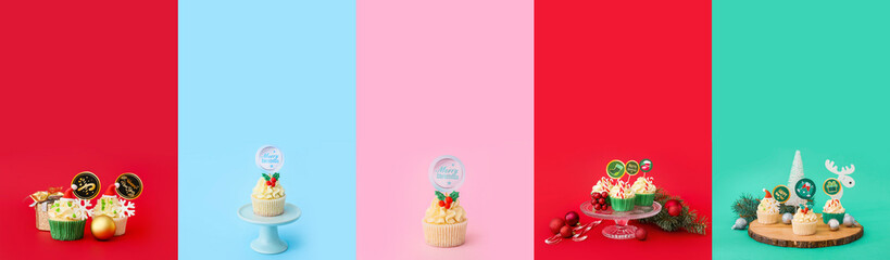 Collage with tasty Christmas cupcake on color background