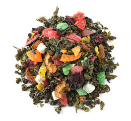 Pile of aromatic herbal tea isolated on white, top view