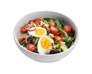 Delicious salad with boiled egg, bacon and vegetables in bowl isolated on white