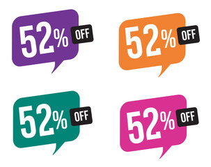 52 percent discount. purple, orange, green and pink balloons for promotions and offers. Vector Illustration on white background.