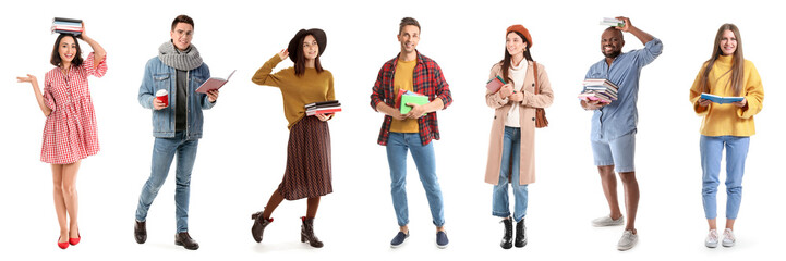 Collage of young people with books on white background