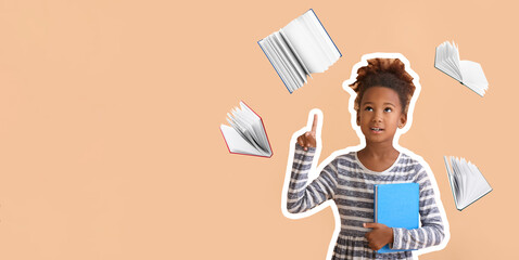 Little African-American girl and many books on beige background with space for text