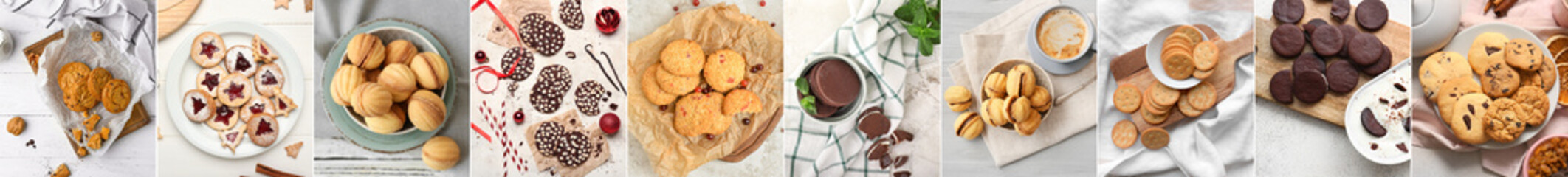 Collection of tasty cookies on light background