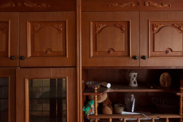 Old wooden soviet furniture with decoration in the room. Classic. Closet. Furnishing. Wardrobe....