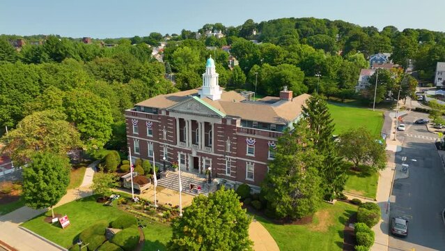 Watertown Town Hall aerial view at 149 Main Street in historic city center of Watertown, Massachusetts MA, USA. 