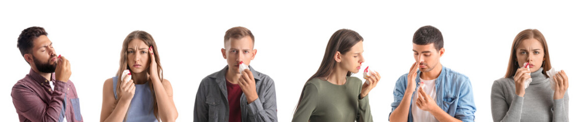 Set of people with nosebleed on white background