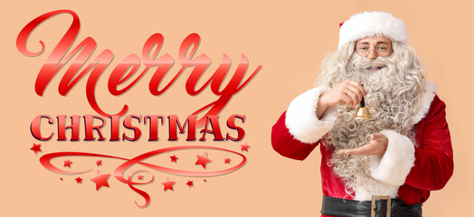 Santa Claus with Christmas bell on beige background. Merry Christmas