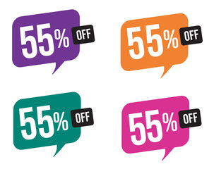 55 percent discount. purple, orange, green and pink balloons for promotions and offers. Vector Illustration on white background.