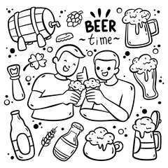 Drink beer with friend in the bar hand drawn doodle 