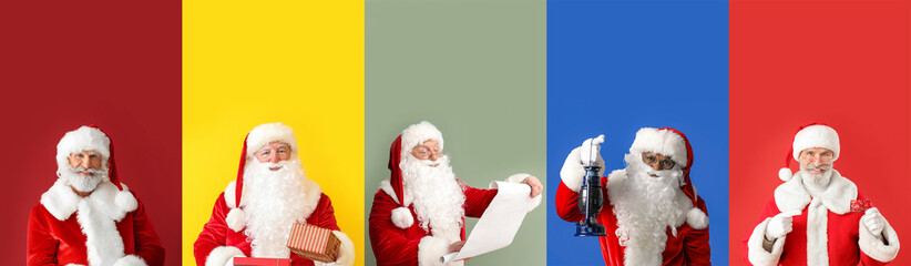 Collage with Santa Clauses on color background