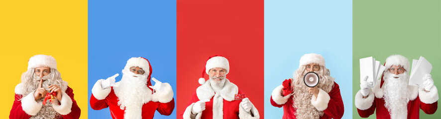 Set of different Santa Clauses on color background
