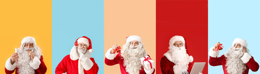 Set of different Santa Clauses on color background