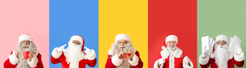 Set of different Santa Clauses on colorful background