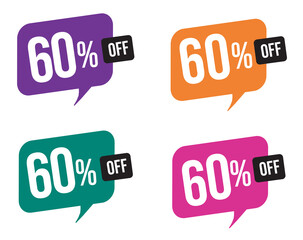 60 percent discount. purple, orange, green and pink balloons for promotions and offers. Vector Illustration on white background