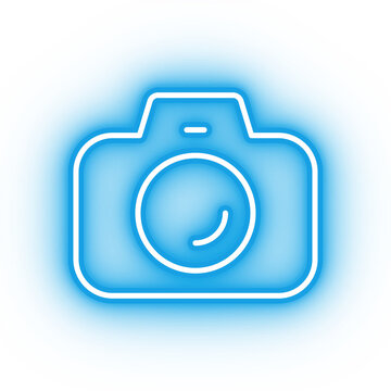 Neon blue camera icon, glowing photo icon on transparent background