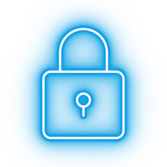 Neon blue lock icon, glowing closed lock icon on transparent background
