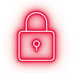 Neon red lock icon, glowing closed lock icon on transparent background