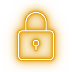 Neon yellow lock icon, glowing closed lock icon on transparent background