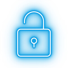 Neon blue lock icon, glowing open lock icon on transparent background