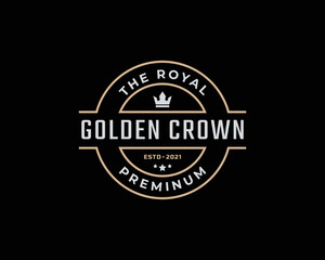 Fototapeta na wymiar Golden King Crown Royal Vintage Retro Classic Luxury Label Logo Design Linear Style