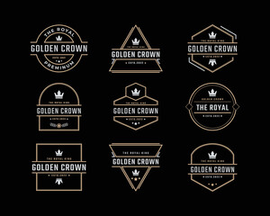 Obraz premium Golden King Crown Royal Vintage Retro Classic Luxury Label Logo Design Linear Style