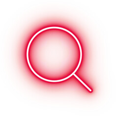 Neon red magnifying glass icon, glowing search icon on transparent background