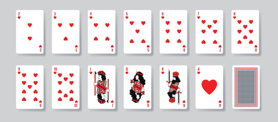 Set of poker hearts cards. Collection of graphic elements for website, online entertainment and gambling. Inventory for Black Jack. Realistic vector illustrations isolated on grey background