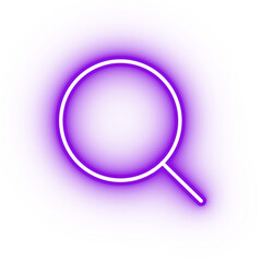 Neon purple magnifying glass icon, glowing search icon on transparent background