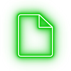 Neon green file icon, glowing paper icon on transparent background