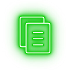 Neon green document icon, glowing paper icon on transparent background