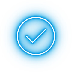 Neon blue tick icon, glowing accept icon on transparent background