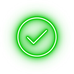 Neon green tick icon, glowing accept icon on transparent background
