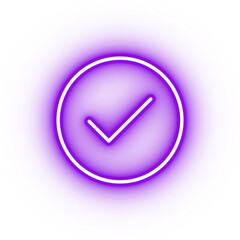 Neon purple tick icon, glowing accept icon on transparent background