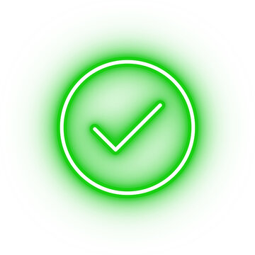 Neon Green Tick Icon, Glowing Accept Icon On Transparent Background