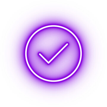 Neon Purple Tick Icon, Glowing Accept Icon On Transparent Background