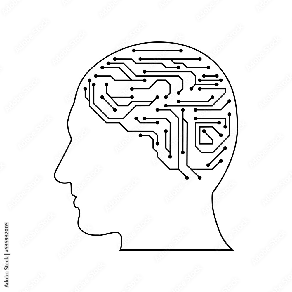 Aufkleber head in style of Printed circuit board outline illustration. Futuristic artificial intelligence design theme. Modern technology networking for design element
