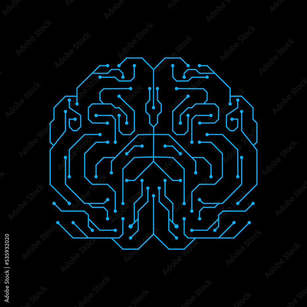 Aufkleber brain in style of Printed circuit board outline illustration. Futuristic artificial intelligence design theme. Modern technology networking for design element
