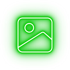 Neon green image icon, glowing photo icon on transparent background