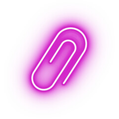 Neon pink paper clip icon, glowing attachment icon on transparent background