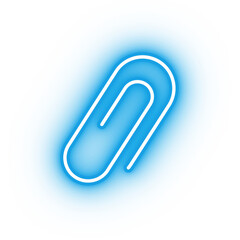 Neon blue paper clip icon, glowing attachment icon on transparent background
