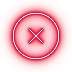 Neon red remove button icon, glowing x icon on transparent background