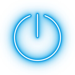 Neon blue power icon, glowing power button on transparent background